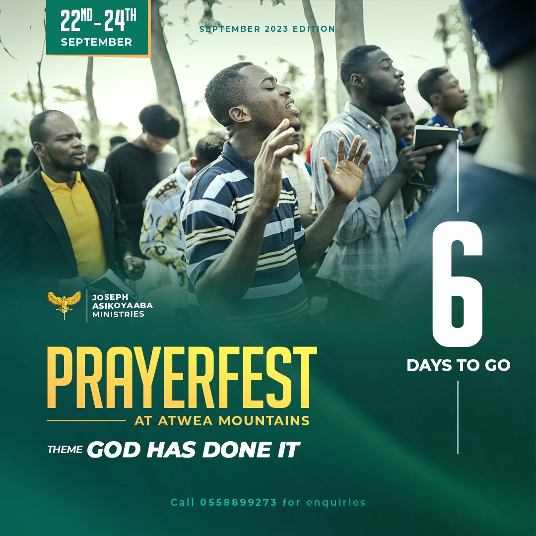 SHEPHERDITES's tweet photo. 6 DAYS TO GO | Prayerfest 2023
Theme: GOD HAS DONE IT!
🗓 22nd-24th September 2023
📍Atwea Mountains
Call 0558899273 For More Enquiries
#atwea #tls #shepherdites #prayerfest https://t.co/iA6DjOOoqi