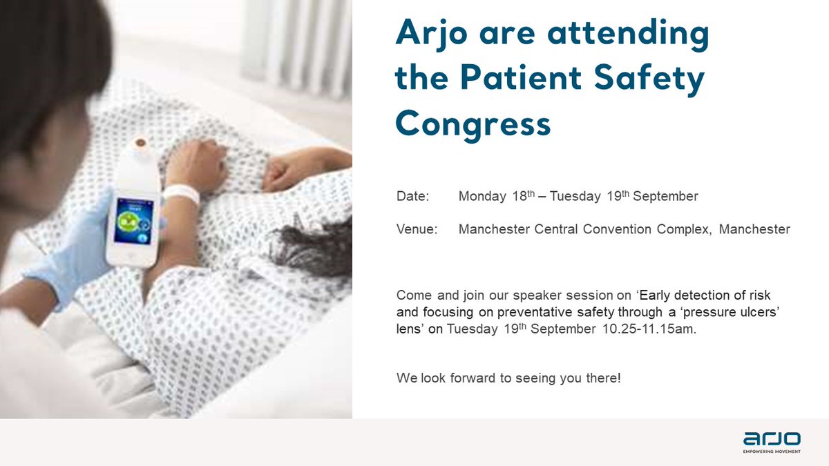 ArjoUKI's tweet image. Join our session at HSJ Patient Safety Congress on ‘Early detection of risk and focusing on preventative safety through a ‘pressure ulcers’ lens’. 

Or visit:arjoglobal.com/3ZigEhJ for more information.

#hsjpatientsafety  #pressureulcerprevention #arjouk #arjoireland