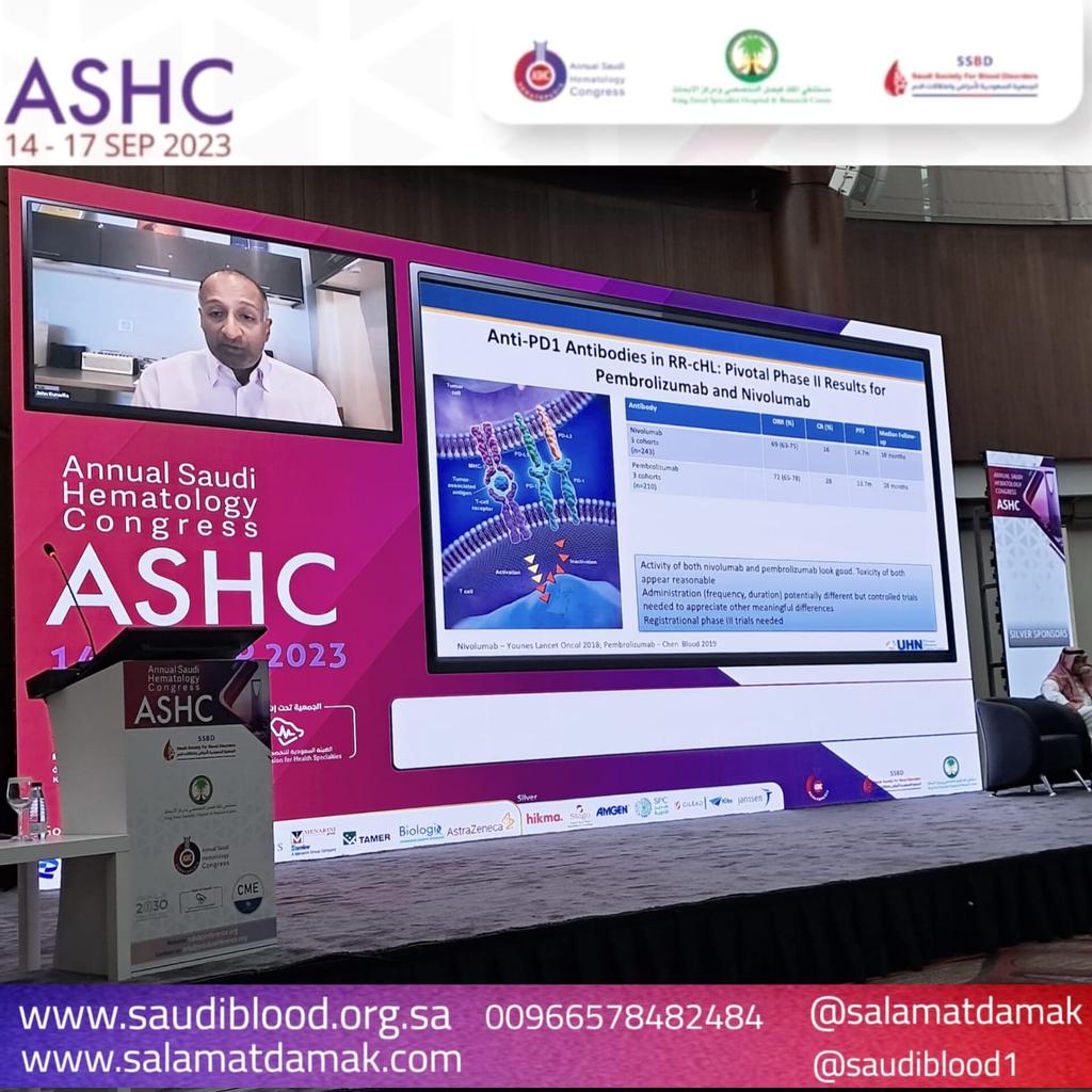 SaudiBlood1's tweet photo. 3rd Day
September 16,2023,Saturday
During the #23rd #Annual_Saudi_Hematology_Congress (#ASHC23), Dr. John Kuruvilla, MD, delivers his lecture in "Role of checkpoint #inhibitor in #Hodgkin #Lympoma"
https://t.co/gH1MO7TvZ1
#SSBD #Leukaemia
#The_Saudi_Society_for_Blood_Disorders https://t.co/eHCNpPzLxZ