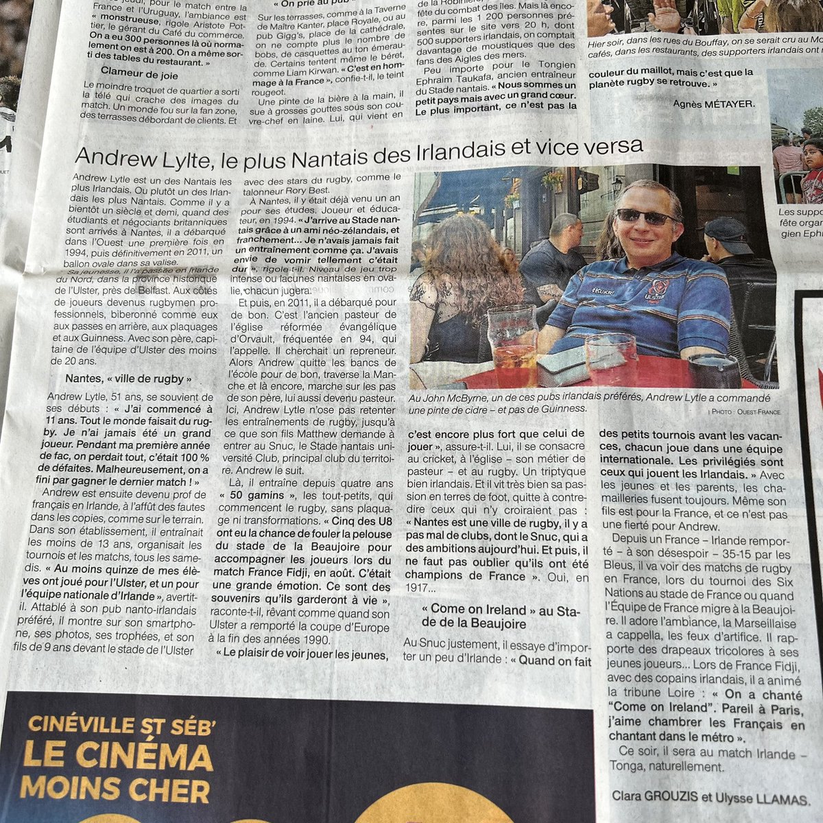 Murray_Kinsella's tweet photo. Interesting piece in local newspaper Ouest France about Ballymena man Andrew Lytle, who moved to Nantes 12 years ago and coaches underage rugby with Stade Nantais. #IrishAbroad https://t.co/BuT0CJRqPV