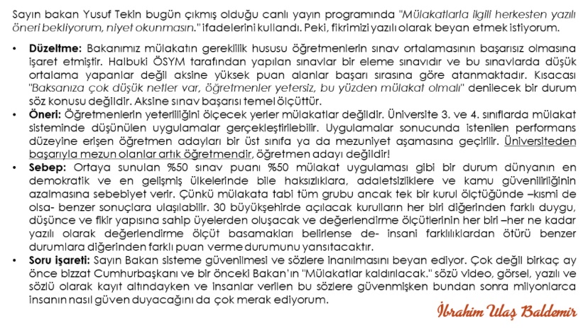 Özellikle eğitim camiasında ve akademide tanınan hocalarımızın bu şekilde MEB’e öneri vermesi daha güzel olabilir. 
 #sözünüzvardı