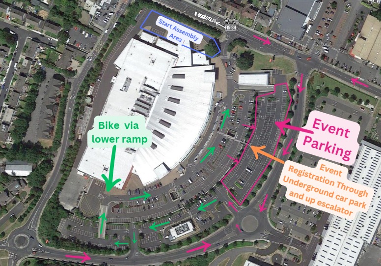 For those of you joining us tomorrow, watch out for the event info email you've been sent.  Check out the location of parking, start area, how to get your bike to the start area in the image here.  Marshals will be on hand to guide you.  See you tomorrow!