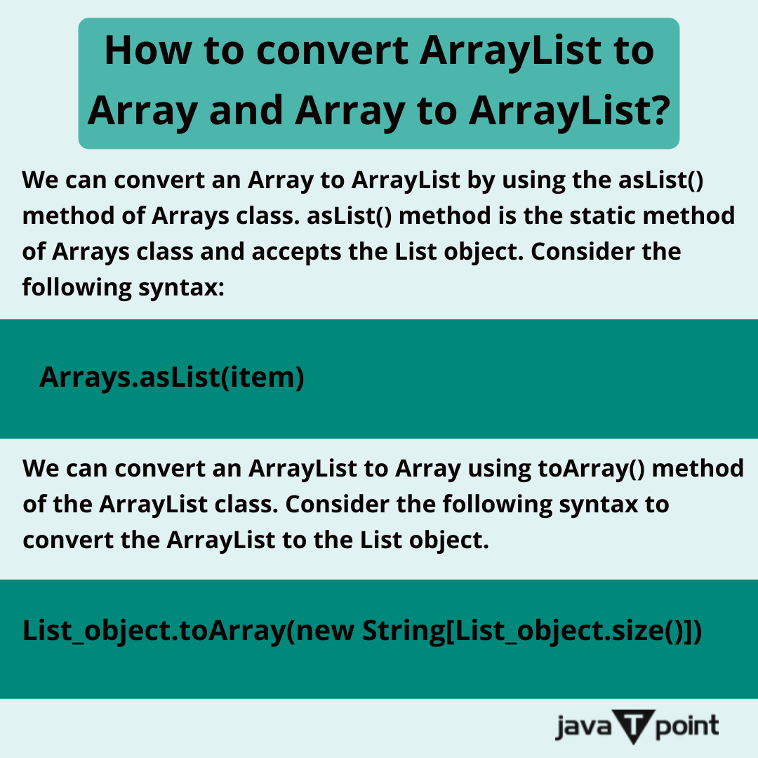 Bhavana83491661's tweet photo. How to convert ArrayList to Array and Array to ArrayList?
.
.
.
.
For more questions about Java
https://t.co/ppMLM0QTkz
Check the above link
.
.
.
.
#array #arraylist #jdbc #hashcode #collection #comparator #comparable #blockingqueue #hashSet #treeSet #set #map #javatpoint https://t.co/u3Lg2yyktP