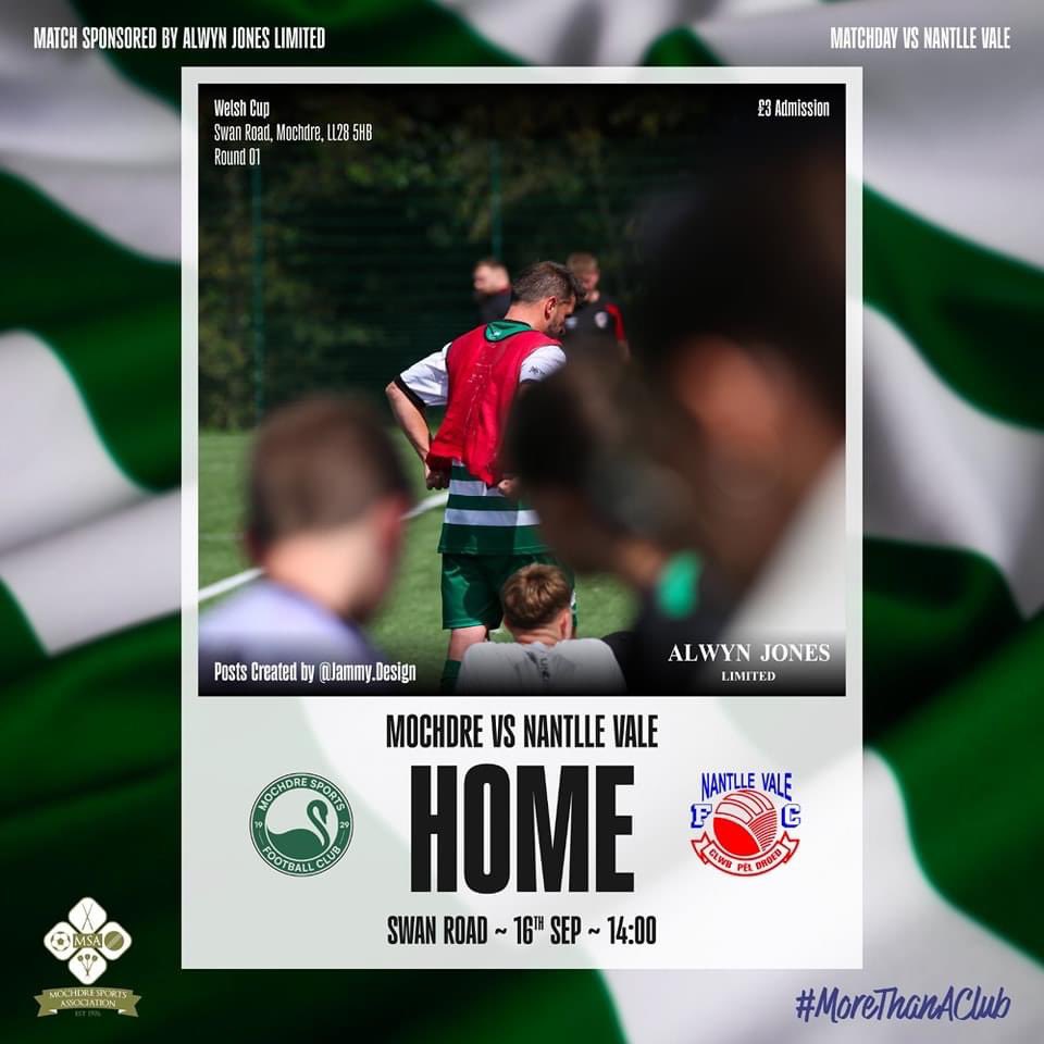 ITS MATCH DAY! ⚽️⚽️⚽️

🆚️ <a href="/NantlleValeFC/">Nantlle Vale FC</a> 
🏆 JD Welsh Cup Round 1
📅 Saturday 16th September
🕑 2pm Kick Off
🏟 Swan Road LL28 5HB 
💰 £3 admission

🟩⬜️🟩⬜️
🦢⚽️