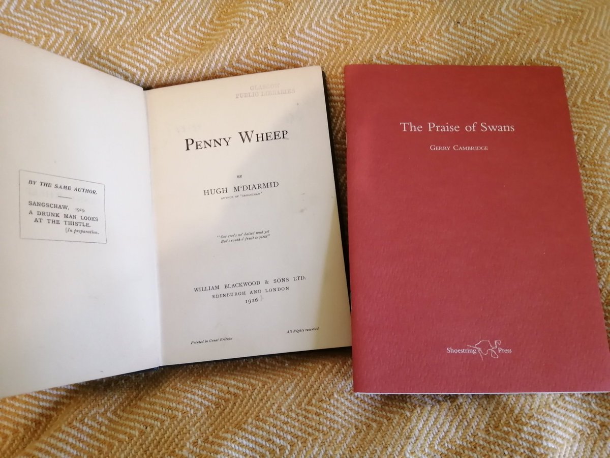 Couldn't resist these two in Oxfam Books on Victoria Road: first 1926 edition of MacDiarmid's 'Penny Wheep', due but presumably not returned to Glasgow Public Libraries on April Fool's Day 1960 - and <a href="/thedarkhorsemag/">The Dark Horse</a> praising swans. £1.99 for MacD and £12.99 for Gerry Cambridge!