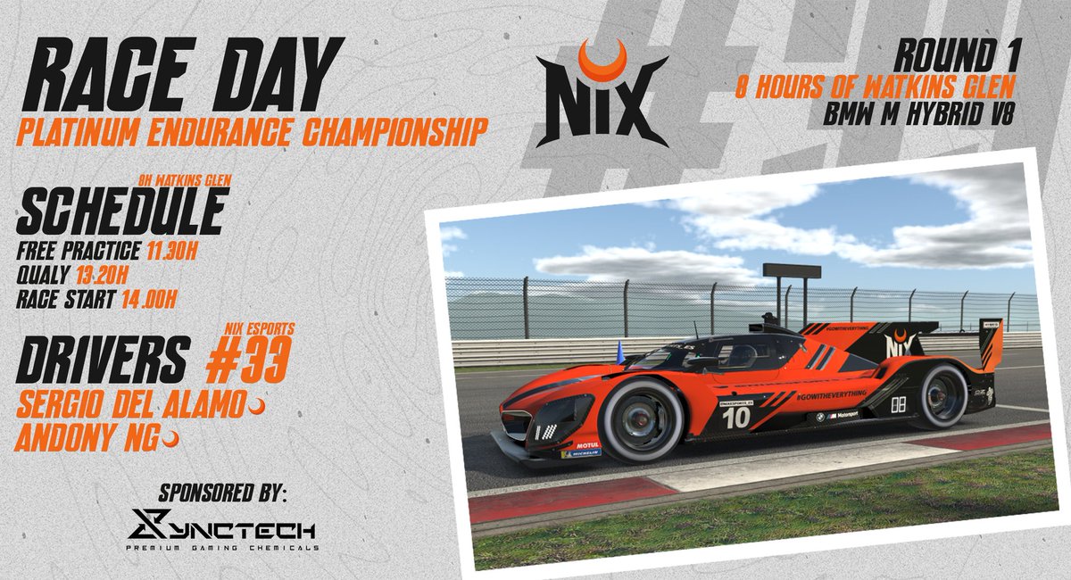 nixesports_es's tweet image. RACE DAAAAAAAAY🏁🏁🏁

Hoy debutamos en la Platinum Endurance Championship, con nuestro BMW Hypercar en las 8 horas de Watkins Glen👀

En el día de hoy tendremos en el coche subidos a @elevenloco y @mistersergy para representarnos💪🏻

GANAS DE EMPEZAR YA🙌🏻

#GoWithEverything🧡🖤
