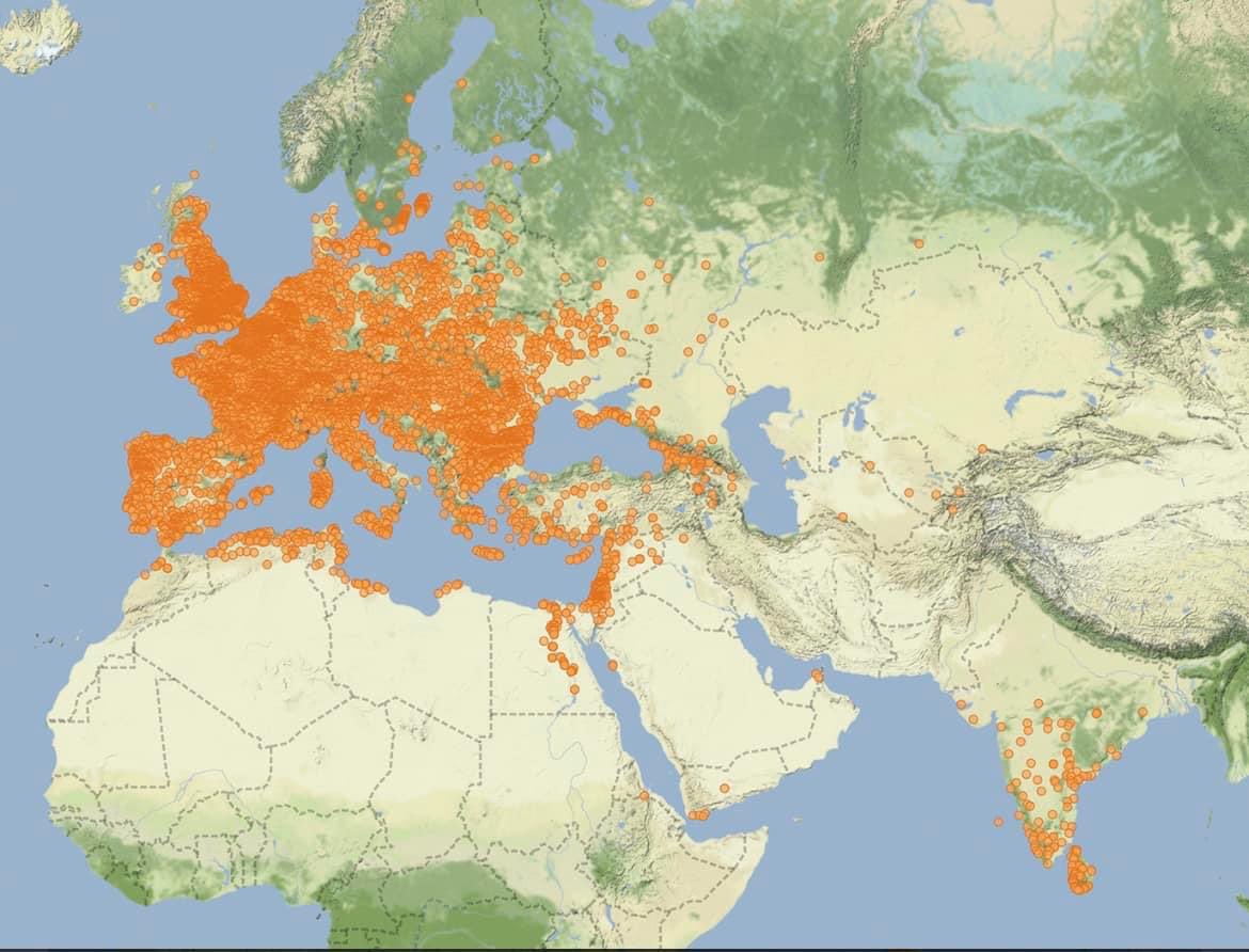 A Map of the Distribution of Roman Coins Found in Eurasia and North Africa.