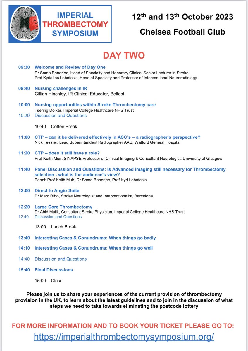 Imperial Thrombectomy Symposium Oct 12-13; limited tickets still available for our in-person meeting @ChelseaFC Check out the final agenda; international experts and multidisciplinary speakers.