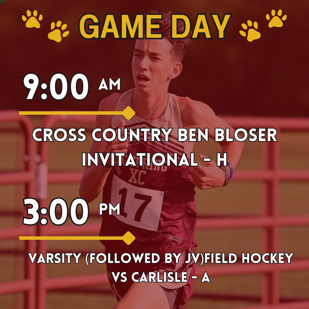 9/16 Game Day

9:00 AM - Ben Bloser Invitational - H
3:00 PM - Varsity (followed by JV) Field Hockey vs Carlisle - A

Ever, Always, Strong🐾.