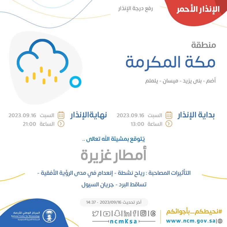 NCMKSA's tweet photo. الإنذار الأحمر - #منطقة_مكة_المكرمة - #أضم #بني_يزيد #ميسان  ...+0 

للتفاصيل  https://t.co/FlLT2V6hED 

#الإنذار_المبكر #طقس_السعودية
#المركز_الوطني_للأرصاد https://t.co/7XQAX8dRBE