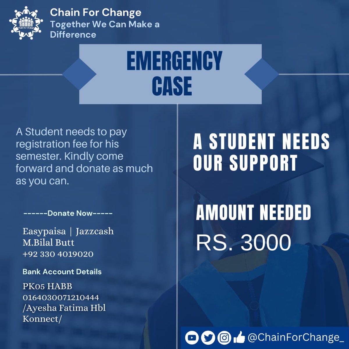 ChainForChange_'s tweet photo. 🌟 Help Change a Life Today!
We have a Case at Chain For Change – raising 3000 PKR to cover a student's registration fee. Every rupee counts, and your contribution can make it happen. 🤝 📚
Your support matters. Together, we can create a brighter future.
#ChainForChange https://t.co/BRtC8LfdW3