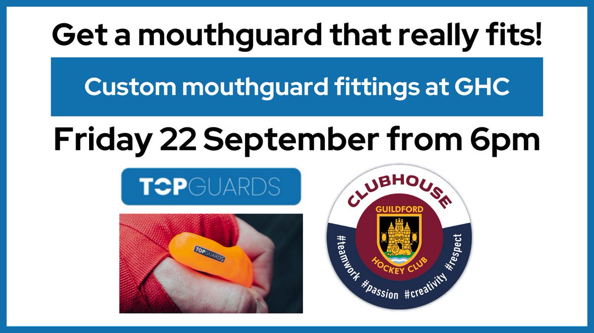 Only one week til the league season start!

Get your digitally-created, hand-finished, custom-fit mouthguard from <a href="/topguards/">Top-Guards</a>

Fitting appts on Fri 22 Sep <a href="/Guildfordhc/">Guildfordhc</a> 

Book now: 
topguards.co.uk/guildford-hock…

non-GHC and non-hockey people all welcome! 
Please RT - all welcome