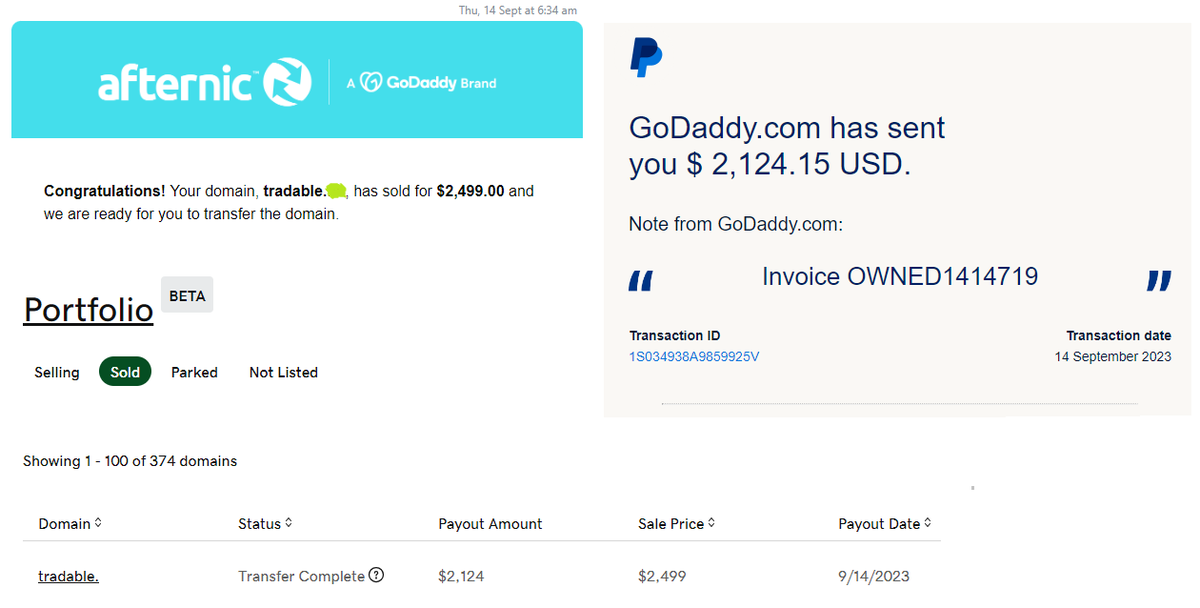 DomainCX's tweet photo. Sold via @Afternic for $2,499
Hand-reg, 1 year hold.

My 8th domain sale in Sep. 2023.

Special thanks to the buyer & domain community.🙏

Could not reveal the extension, as I regularly handreg in this tld. I humbly request you to pay attention to the keyword, which could be useful for domain data analytics/research. ✌️😀

•  I have 3100+ .COMs

• 650 .XYZ (2 words, suffix, prefix). 
ex: SolarEnergy, FinSure, SmartBlockchain, etc.

• 90 one word #XYZ #domains 
ex: Cats, Thor, Businesses, Baht, etc.)

• 2000+ mix of ccTLDs & ngTLDs.

Currently, I'm concentrating only on .COM .NET .ORG .XYZ .IO .AI .IM .CC .SHOP .STORE .MARKET and few more tlds.

Also, I'm using a model of not renewing 10% of my existing domains, thus increasing quality of my domain portfolio. And carefully acquiring new domains with strict buying protocol.

#NFA, #DYOR 
#domain #com #xyz #io #gpt @xyz #domains #names #chat #ai #generic #brand #metaverse