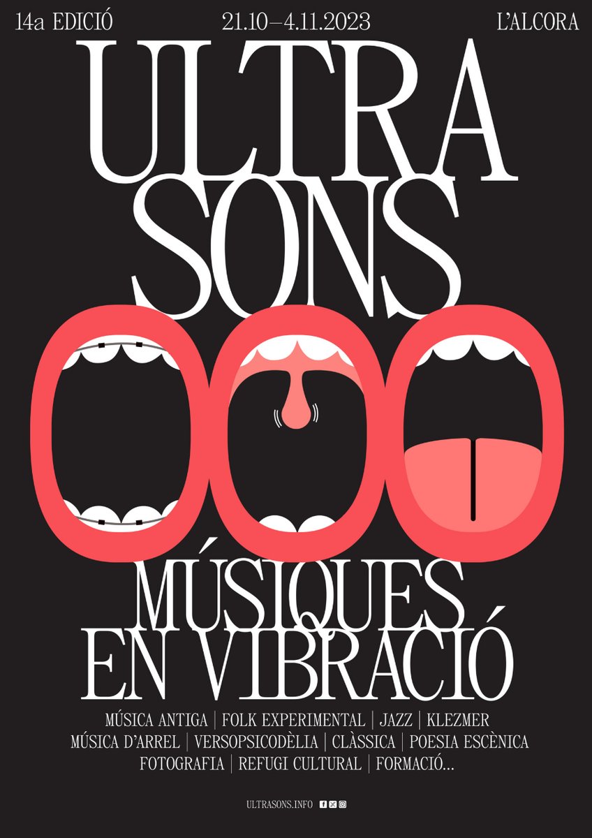 ULTRASONS. Músiques en vibració 🎶
14a edició | 2023
📅 Del 21 d’octubre al 4 de novembre
L’Alcora (Castelló) 📍
.
Reserveu les dates a l’agenda!! Més novetats sobre el programa en els pròxims dies.
.
Disseny: Sayavera Studio
.
#ULTRASONS23 #MúsiquesEnVibració