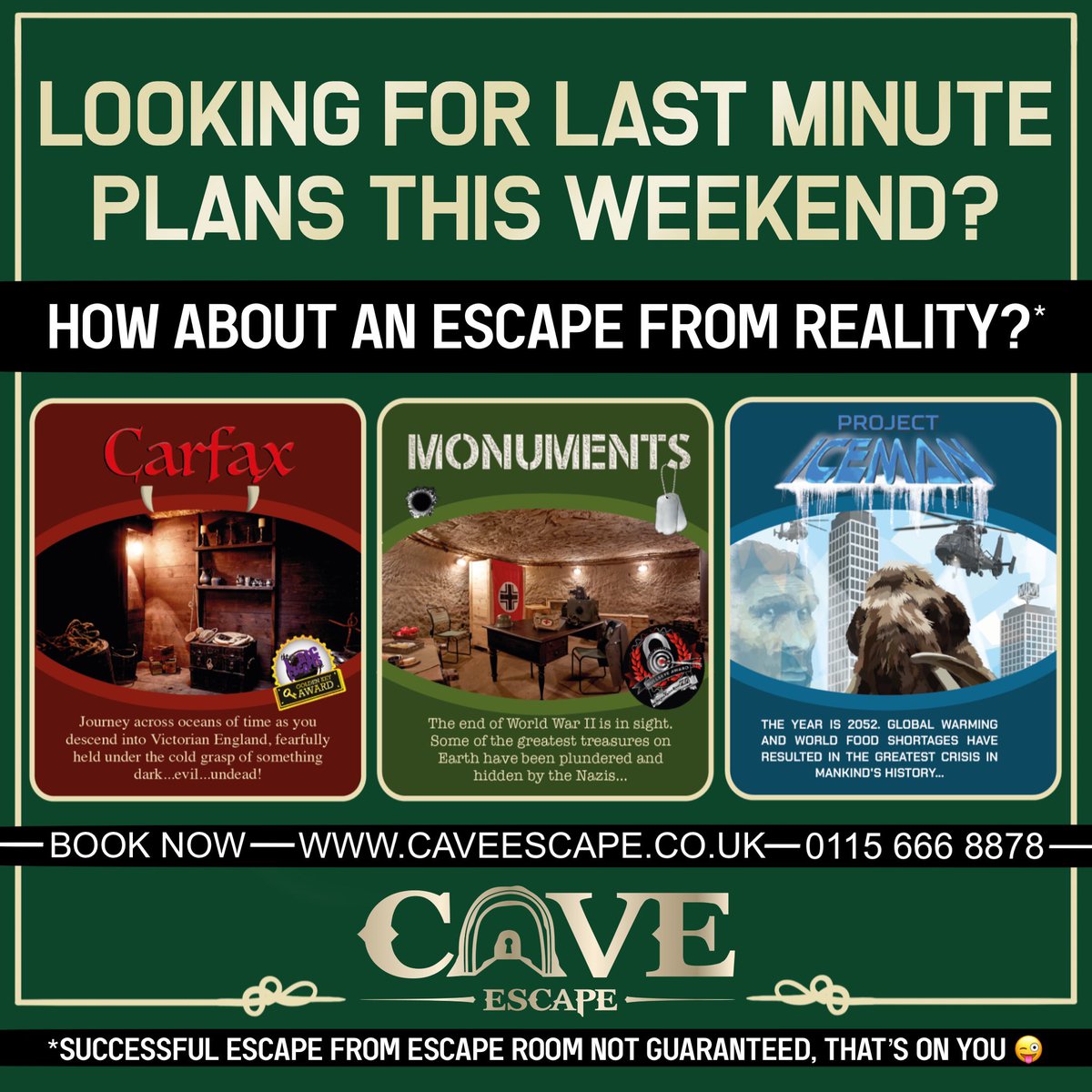 CaveEscapeNotts's tweet image. Want something to do this weekend? 👀 
We can guarantee the escape from reality, but the actual escape is on you! 😜🔐 

#escaperoom #escaperooms #nottingham #nottinghamcity #nottinghamthingstodo #thingstodo #fun #familyfun #weekend #weekendtrip #lovenotts #notts #nottslife