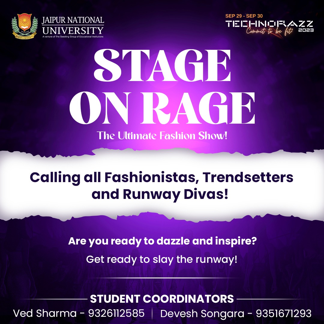JAIPURJNU's tweet photo. JNU is all set for 'Stage On Fire,' the fashion show of the year. Fashionistas and trendsetters, it's time to shine and set the stage on fire with your style! 

#StageOnFire #FashionShowOfTheYear #JNUFashion #Technorazz #Technorazz2023 #Trendsetters
#FashionCreativity https://t.co/0mpQiHqZMC