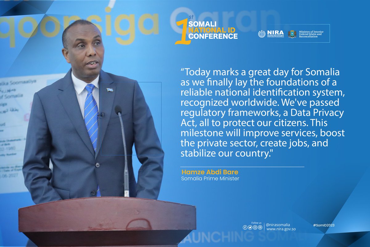 MoIFARSomalia's tweet image. Remarks from the Prime Minister of the Federal Republic of Somalia at the 1st Somali National ID Conference.

#NationalIDConference #MoIFAR #NIRA #ID4All #SNIDC2023