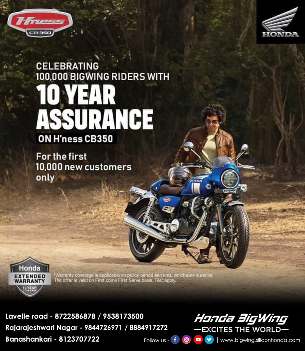 honda_bigwing's tweet image. Explore new roads, embrace new journey with #HnessCB350 Now your H'ness CB350 is available with 10 years assurance for the first 10,000 new customers.

Reach out to the nearest #HondaBigWing experience centre to know more.
#HondaBigWingIndia #YourHighness #Motorcycle #BigBikes