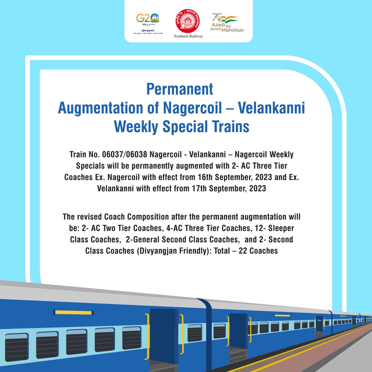 GMSRailway's tweet photo. 06037 / 06038 Nagercoil – Velankanni Weekly Special Trains permanently augmented with
2-AC Three Tier Coaches, starting 16th September 2023
#NagercoilVelankanni #PermanentAugmentation #SouthernRailway #specialtrains https://t.co/KFTkVBgDPM