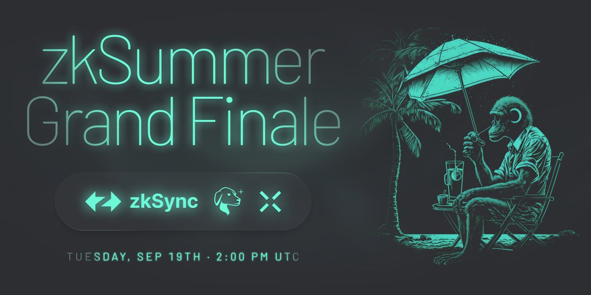 Our Ape In to zkSummer campaign with <a href="/taho_xyz/">Taho (🗺,🗺)</a> is finally coming to a close... or is it?

Join us on Tuesday, September 19th at 2PM UTC with the <a href="/taho_xyz/">Taho (🗺,🗺)</a> &amp; <a href="/zksync/">ZKsync</a> teams for our "Grand Finale" with a very special twist 🏖️

Set your alarms here 👇
x.com/i/spaces/1ZkKz…
