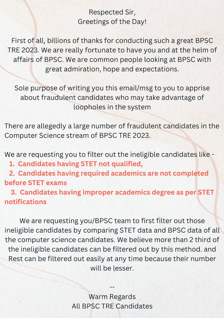 Stet2019_v's tweet image. सर @atulpmail !
#BPSC_TRE के #Computer_Science विषय पर सर्वाधिक फोकस की ज़रूरत है!
ऐसे अभ्यर्थी काफ़ी ज़्यादा हैं जो #STET_2019 विज्ञापन के बाद education qualification हासिल किए हैं, ऐसे में यह Ineligible हैं!
इन्हें फ़िल्टर करें ताकी योग्य अभ्यर्थियों का चयन हो सके!