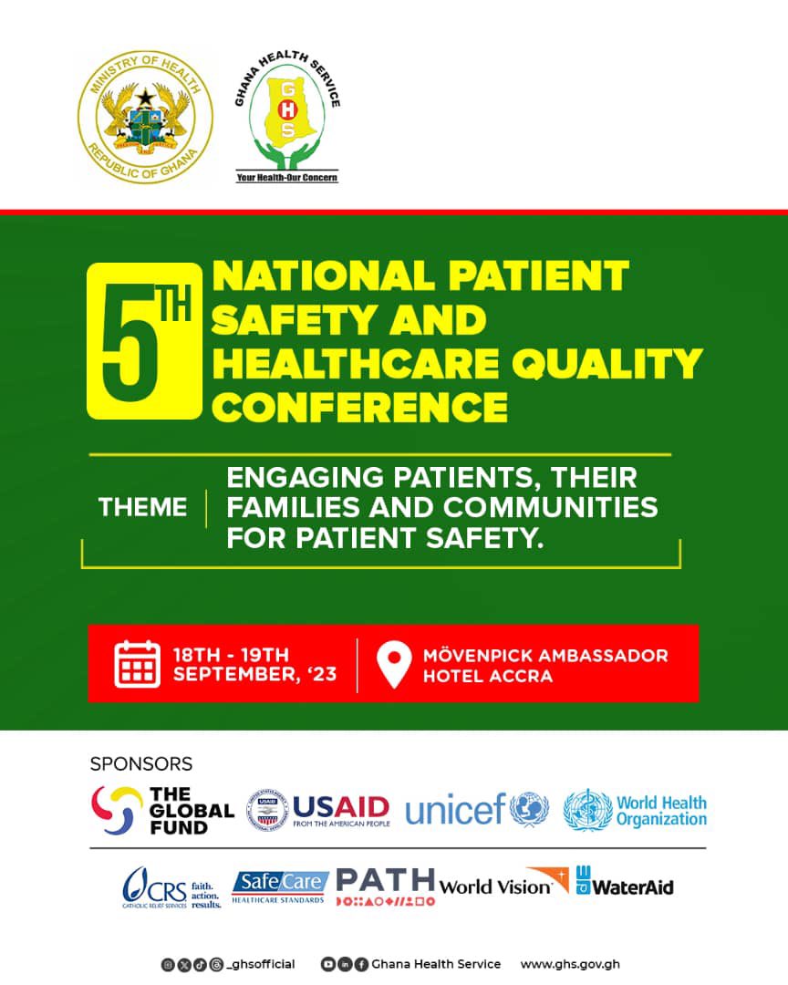 _GHSofficial's tweet photo. 2 days more to the launch of the 5th National Patient Safety and Healthcare Quality Conference. We will be live on the official Facebook platform of the Ghana Health Service.
#worldpatientsafetyday2023 
#EngagingPatientsFamiliesandCommunitiesforPatientSafety https://t.co/gcfJ48P2Cl