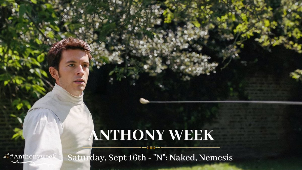KateAnthonyWeek's tweet image. 🐝 #AnthonyWeek, Saturday 16th:

😎 Prompt: N (Nude. Nemesis)

🤔 Question: Most underrated Anthony moment? 

🔥 Thirst trap: Anthony’s hands and arms

🤩 Jonny Appreciation: Favourite Jonny being a dork moment

#Bridgerton