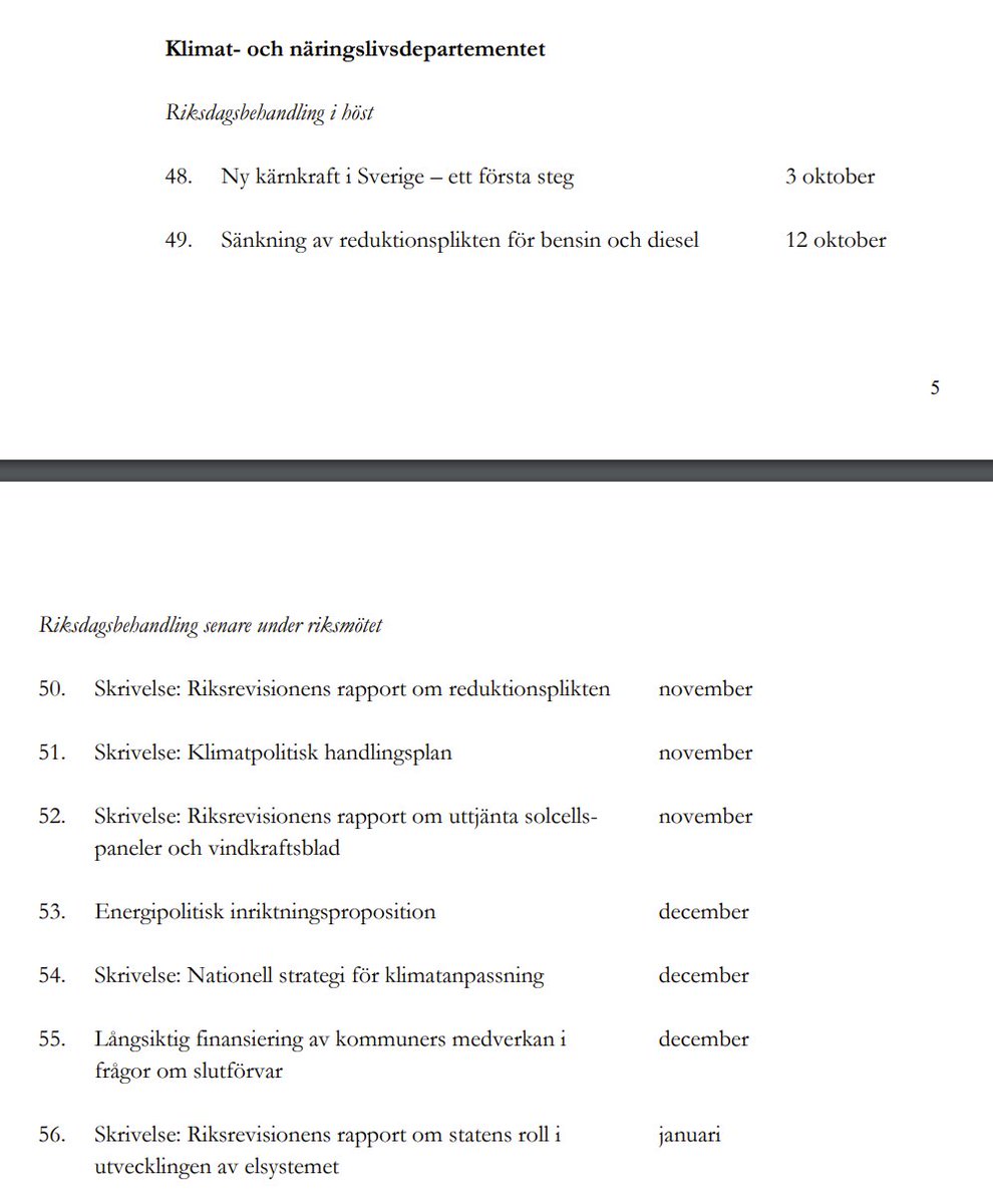 CarlBerglof's tweet photo. Första proppen ut från @KlimatNaringdep i höst blir den om ny #kärnkraft, 3 okt! 
Sedan följer bl.a Energipolitisk inriktningsprop. i dec.
Noterar även skrivelse om Riksrevisionens rapport om statens roll i utv av elsystemet. Rapporten väntas på tisdag. 
https://t.co/i6PCoRp7xF https://t.co/Wdgp3ieV10