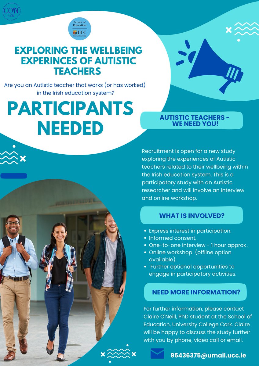 Recruiting #ActuallyAutistic teachers as participants for a study exploring the #Wellbeing experiences of Autistic teachers in the Irish education system. Please contact me here or 95436375@umail.ucc.ie. Retweets appreciated. @TeachingCouncil @INTOnews @UCCSchoolofEd #EdChatIe