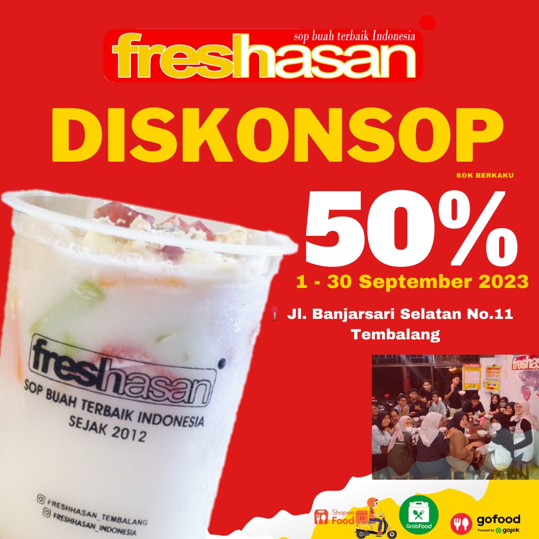 freshhasan_'s tweet photo. For your info : Diskon 50% dine in order offline di @freshhasan_tembalang jl banjarsari selatan no 11.  Like &amp; share ke group2 WhatsApp kalian dips https://t.co/5I9t3U6J9H