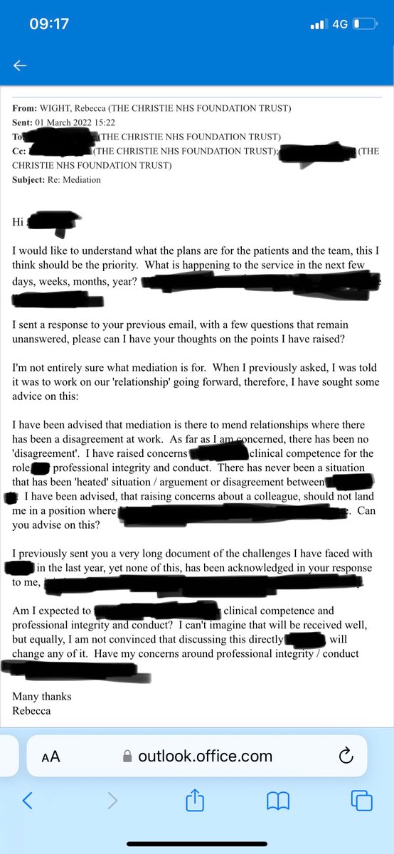 When raising concerns about patient care, I was repeatedly asked to attend mediation. Sound familiar? 3 senior managers @thechristie were included in this email. They all went along with it. #patientsafety #whistleblowers
