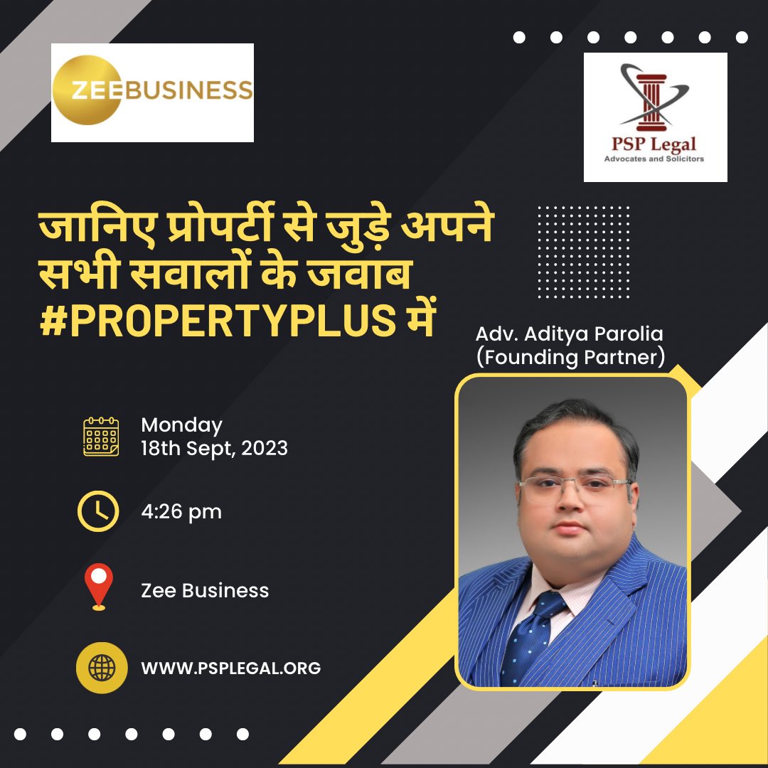 Our Founding Partner @A_Parolia , will be speaking with @iam_deepaky at #propertyplus on @ZeeBusiness on 18.09.2023 (Monday). 

Watch it live at youtube.com/live/0_A8bnuZw…

#RealEstate #ZeeBusiness #homebuyers #law #LawTwitter #propertyplus #LegalEducation