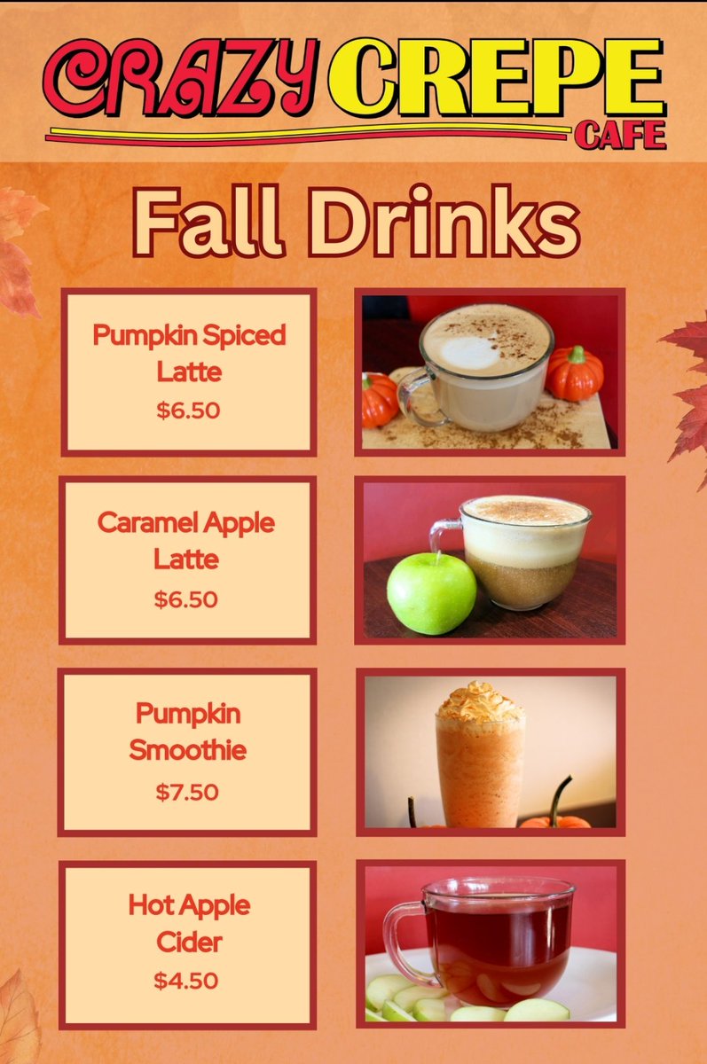 crazycrepecafe's tweet photo. Fall Flavors available at all locations 🍂🍁 https://t.co/P4cgSftv2t