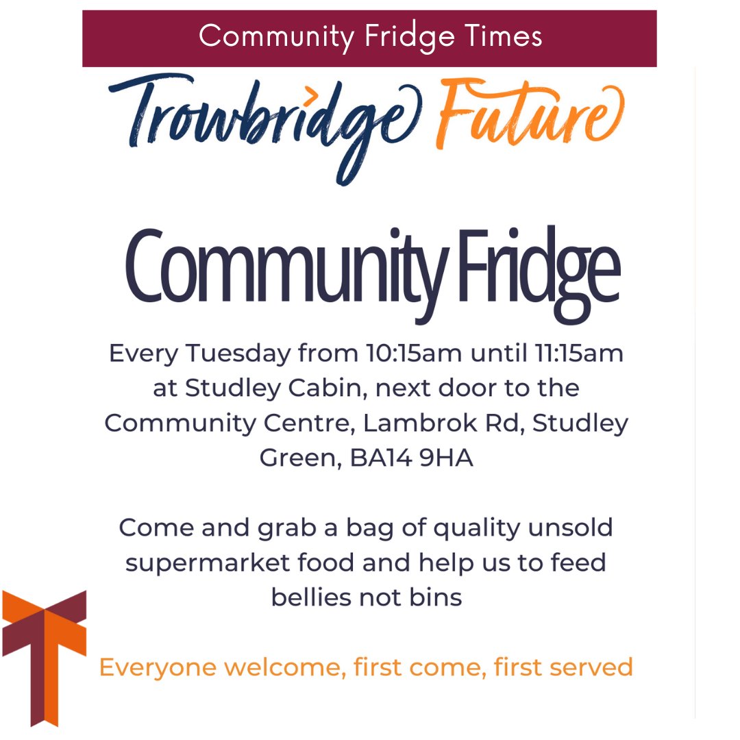 Trowbridge Future's Studly Green Community Fridge has a slightly different opening time.  Don't worry though, they will still be there to help feed bellies and not bins!

#DiscoverTrowbridge #TrowbridgeFuture #CommunityFridge #Community #Wiltshire #Trowbridge