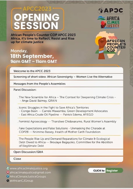 MVIWATA's tweet photo. EVENT ALERT📍📍📍📍
WHAT: African People's Counter COP 2023
WHERE: ONLINE, Register through https://t.co/B1ABbGYidC
WHEN: 18th November
#APCC #CounterCOP #ClimateJusticeNOW 
@AfricanCJGroup @LVCSEAf @via_campesina https://t.co/TQoXDC0gRK