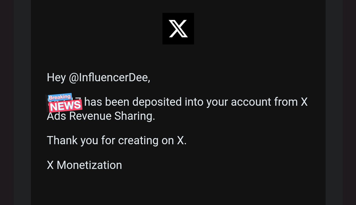 InfluencerDee's tweet photo. I just received another ad revenue payment from X.

If you are a small content creator like me, be consistent.

I am giving away #20,000 to 4 people from my ad revenue.

How to participate:

1️⃣ Follow me and @_Kwincee 
2️⃣ Retweet this post

Winners will be announced in 24 hours! https://t.co/UN3kiXZIKH