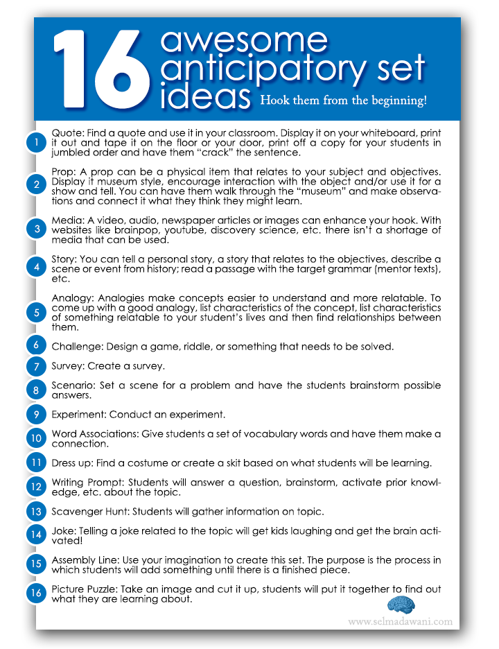Here is a list of easy-to-implement anticipatory sets to focus students' attention, activate prior knowledge, and prepare them for a day of #learning.

sbee.link/q6cta8kfpw   via The Blue Brain Teacher
#teachertwitter #k12