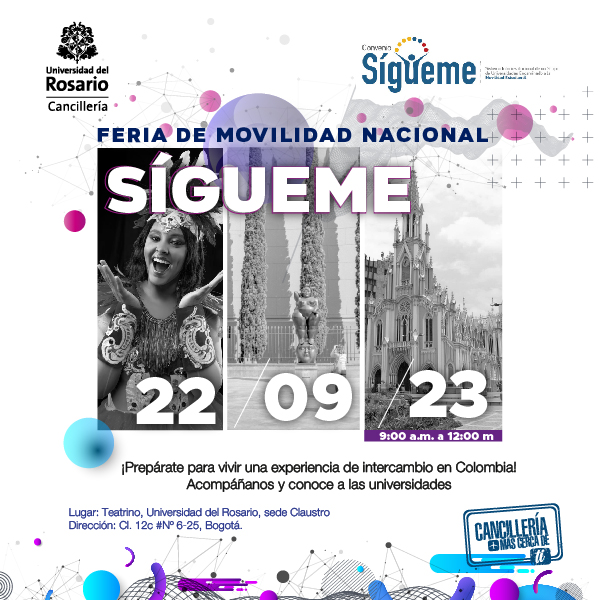 🇨🇴 La próxima semana llega nuestra feria de movilidad nacional Sígueme para que conozcas las oportunidades y destinos disponibles para tu intercambio académico en Colombia. 
¡Nos vemos este viernes 22 de septiembre desde las 9:00a.m. en Teatrino de la sede Claustro!