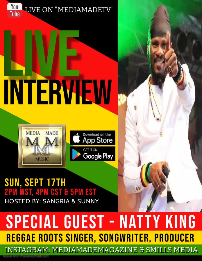 Yoooo X Check us out THIS SUN 9/17 
2PM WST, 4PM CST &amp; 5PM EST 

W SPECIAL GUEST: Rastafarian Reggae Roots Singer, Songwriter, and Producer - 👑 "NATTY KING"

HOSTED BY: SANGRIA &amp; SUNNY☀️ - <a href="/SmillsMedia/">Sunny☀️ - Sungodddess888</a>