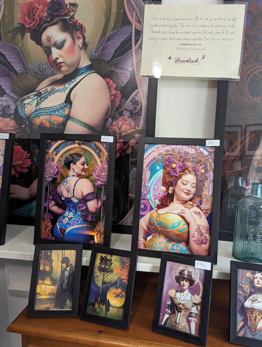 Encountered what looks to be AI generated art being sold physically today, labelled as 'digitally produced' 🤔