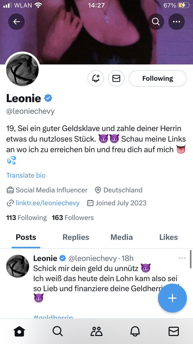 LuciferLapsus's tweet photo. @leoniechevy is a #scammer selling other peoples nudes watch out dont waste your money https://t.co/BAemD5uf7R