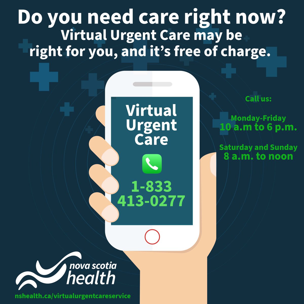 Reminder: Nova Scotia Health offers a free Virtual Urgent Care phone service. It can be accessed by calling 1-833-413-0277 on weekends from 8 a.m. to noon, and on weekdays from 10 a.m. to 6 p.m. To learn more about how the service can help you, visit: nshealth.ca/service-detail…