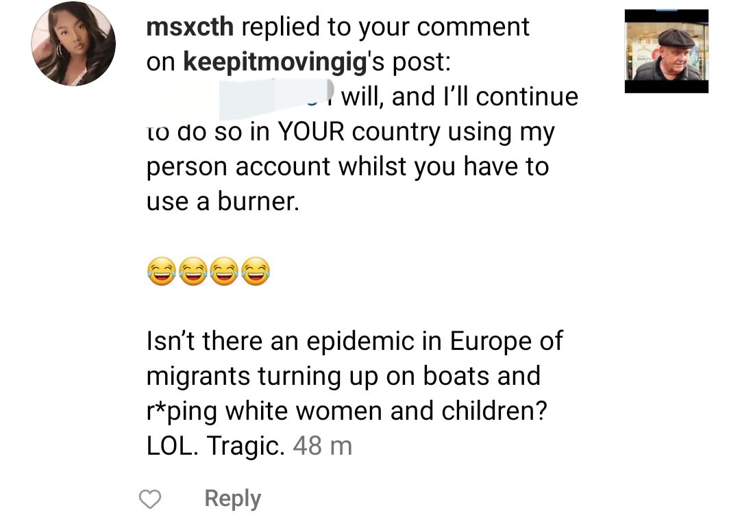 MrBloodBailey's tweet photo. Racist woman who's racially abusing white people and has post mocking British soldiers she made her account  private now #racist #POS #England #BLM https://t.co/2YBf4c9dYa