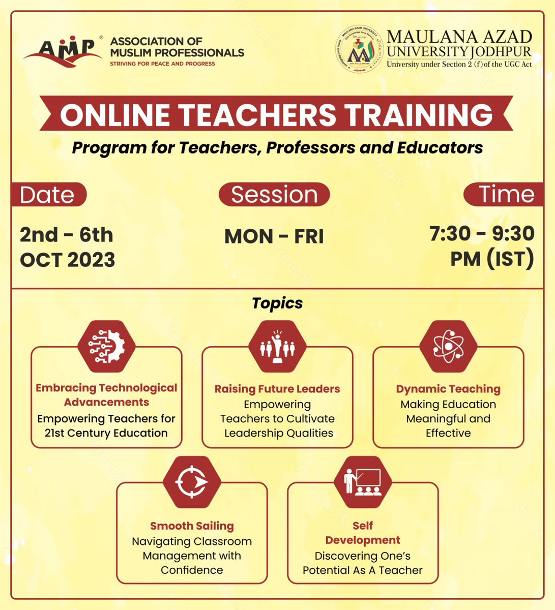 Join AMP's 3rd Online Teachers Training Program from Oct 2-6, 2023. Enhance your teaching skills and grow with valuable insights. Open to all educators. Certificates for 75% attendance. Register now: us06web.zoom.us/webinar/regist… For inquiries, contact Anam Arkate at 8291101318. 📚👩🏻‍🏫🧑🏻‍🏫