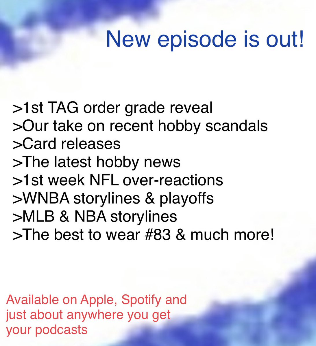 We are back - episode #83 is out - give it a listen and thank you for spending some of your time with us!
#thehobby #sportscards #podcast #whodoyoucollect @CardPurchaser #nfl #NBA #MLB #NHL #WNBA #cardreleases #hobbynews #gradereveal #mailday