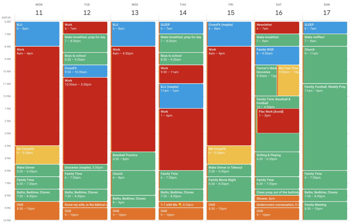 mattragland's tweet photo. A Brief Overview of Time Blocking

Since my Time Block Dad post went viral last weekend, I wanted to share a quick overview of how the principle works (at least for me). 

Time blocking, time boxing, calendar blocking is a great way to make sure you're getting the right tasks done at the right time.

I first learned about time blocking from Cal Newport in his book Deep Work, but it's a widely used productivity principle that Founding Father Benjamin Franklin popularized hundreds of years ago.

You can time block for an entire day or for a single block to focus on something important. Again, here's my schedule for reference: 

So as you plan the upcoming week, try time blocking your days in two ways. 

The first is to give each day a set of pre-planned blocks to help keep you on track.

I promise the first week is going to feel a little messy, because if you’ve never done this before it’s easy to under or overestimate the time it takes to do something. But you should have a pretty good idea of what needs to happen and what’s already scheduled into the week.

The second way I want you to time block is to look at your schedule and define at least one block of time that’s just for you and something you want. 

It could be a project you’re working on, like I am with the podcast, a health goal, a hobby, time to read - whatever. Define your time for it and block it off.

You should be able to block off that time with a clear mind and confidence, because everything else is blocked off too! 

I’d love to hear from you on the results of time blocking, and if you think it helps at all. Thanks for reading!