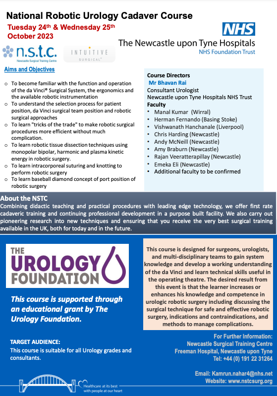 ๐ฎ๐ณ Bhavan Rai ๐ฌ๐ง (@stingrai78) on Twitter photo Interested in Robotic Urology. Join us at the Annual National Robotic Cadaveric Course in Newcastle on October 24th-25th, 2023. please contact Kamrun Nahar at kamrun.nahar4@nhs.net. <a href="/NSTC123/">Newcastle Surgical Training Centre - NSTC</a> <a href="/TUF_tweets/">TheUrologyFoundation</a> <a href="/IntuitiveSurg/">Intuitive</a> <a href="/BSoT_UK/">BSoT</a> <a href="/BURSTurology/">BURST Urology</a> <a href="/NewcastleUrolo1/">Newcastle Urology</a> <a href="/NewcastleHosps/">Newcastle Hospitals</a> Interested in Robotic Urology. Join us at the Annual National Robotic Cadaveric Course in Newcastle on October 24th-25th, 2023. please contact Kamrun Nahar at kamrun.nahar4@nhs.net. <a href="/NSTC123/">Newcastle Surgical Training Centre - NSTC</a> <a href="/TUF_tweets/">TheUrologyFoundation</a> <a href="/IntuitiveSurg/">Intuitive</a> <a href="/BSoT_UK/">BSoT</a> <a href="/BURSTurology/">BURST Urology</a> <a href="/NewcastleUrolo1/">Newcastle Urology</a> <a href="/NewcastleHosps/">Newcastle Hospitals</a>