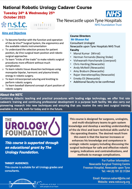 Interested in Robotic Urology. Join us at the Annual National Robotic Cadaveric Course in Newcastle on October 24th-25th, 2023. please contact Kamrun Nahar at kamrun.nahar4@nhs.net. @NSTC123 @TUF_tweets @IntuitiveSurg @BSoT_UK @BURSTurology @NewcastleUrolo1 @NewcastleHosps