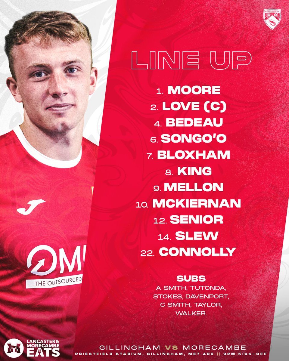 MorecambeFC's tweet photo. 📋 This afternoon's XI to face @TheGillsFC.

#UTS 🦐 | #GILvMOR https://t.co/SzHl6nlBIZ