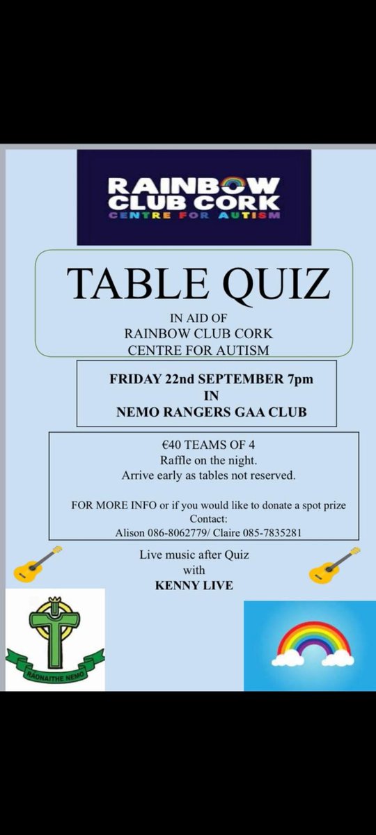 Table Quiz taking place next Friday, September 22nd in the club at 7pm in aid of <a href="/Rainbowclubcor2/">Rainbow Club Cork</a>.

Super prizes on offer and a great night guaranteed.

Music after with Kenny Live!

More details below.